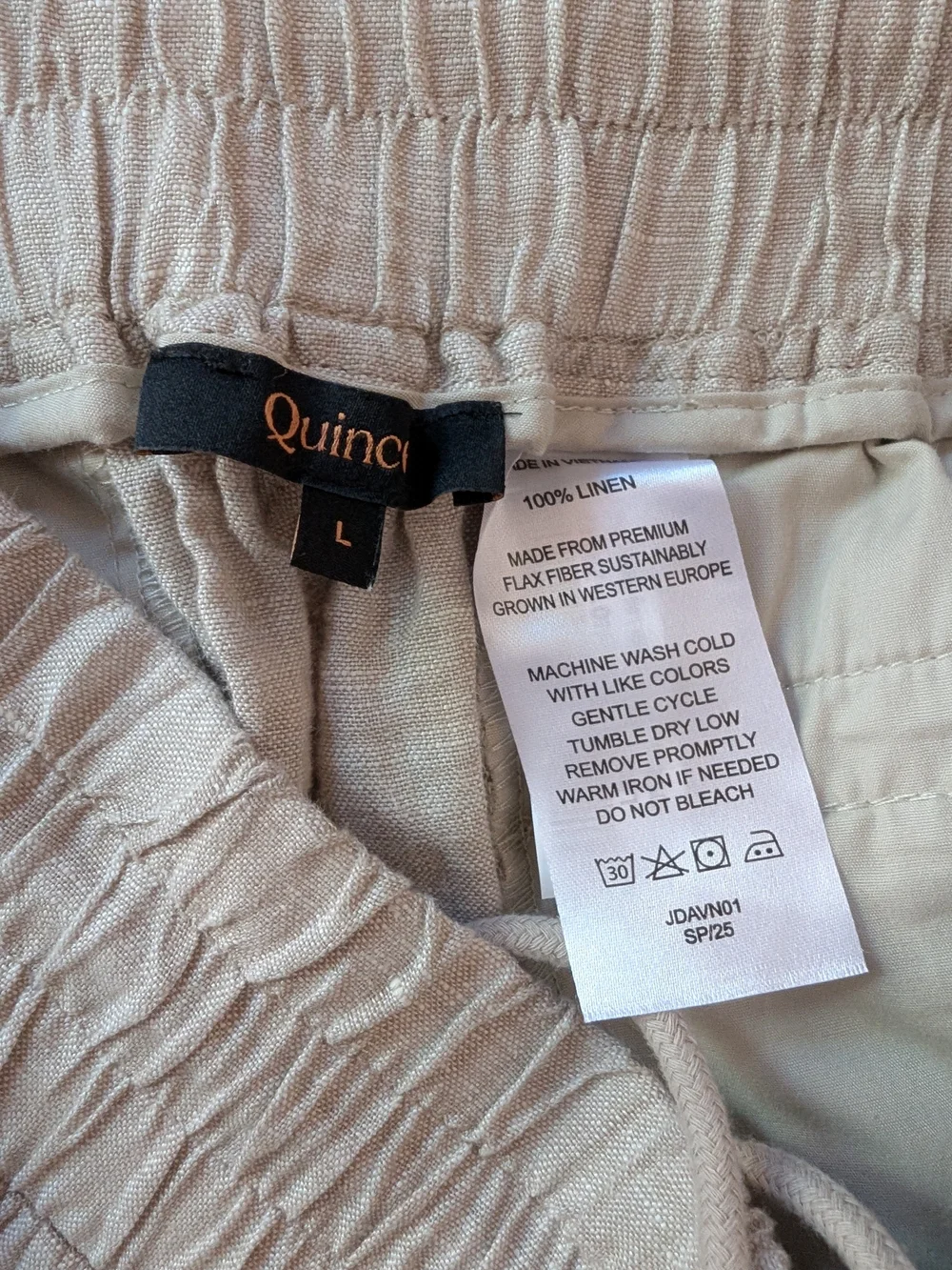 Quince 100% Linen Wide Leg Elastic Drawstring Pants Beige/Natural Flax Sz L
